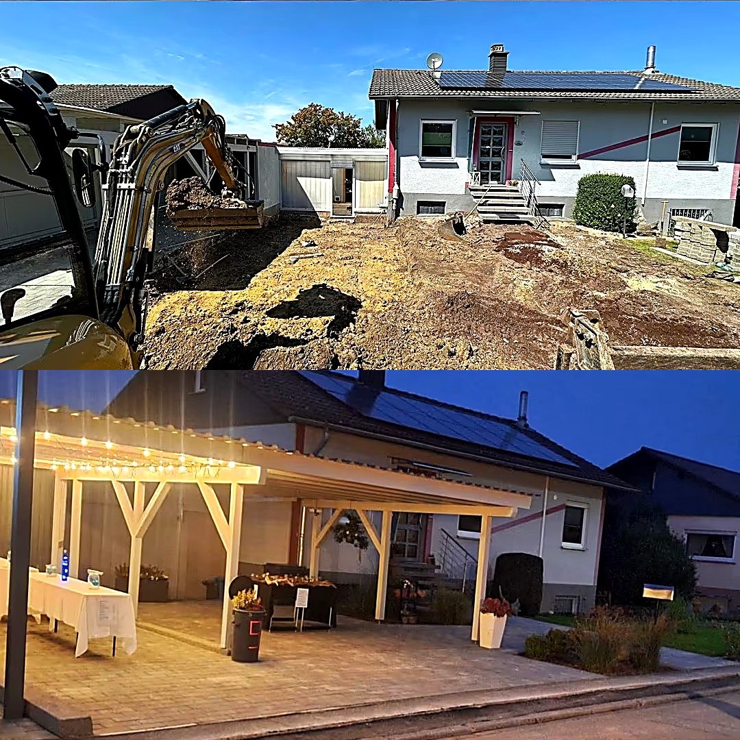 Vorher-Nachher: Bagger bei Erdarbeiten vor einem Haus, danach fertig gepflasterte Hoffläche mit Holz-Carport