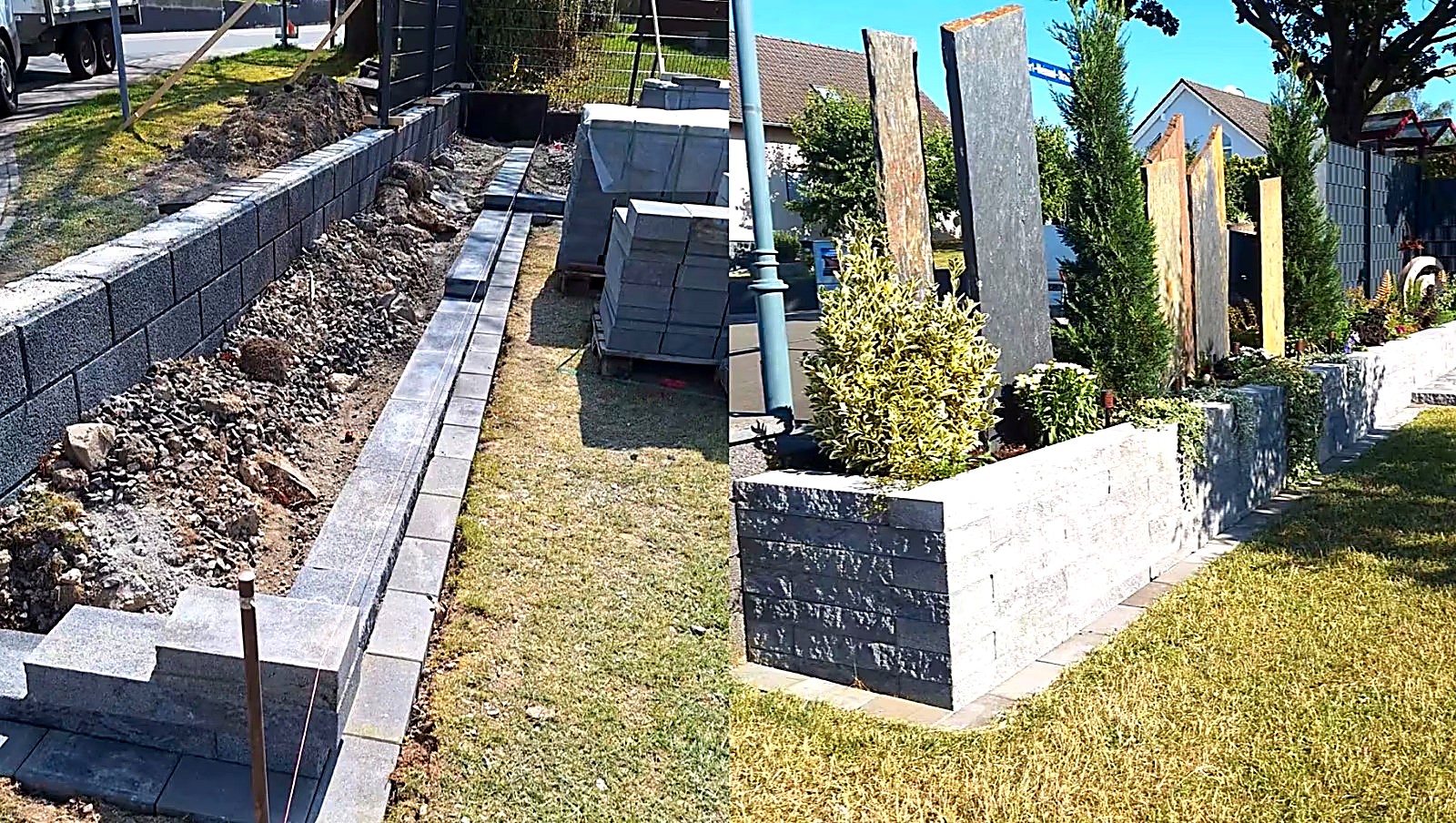 Vorher-Nachher: Mauerbau im Vorgarten, danach fertige Mauer mit bepflanzten Hochbeeten und Steinstelen