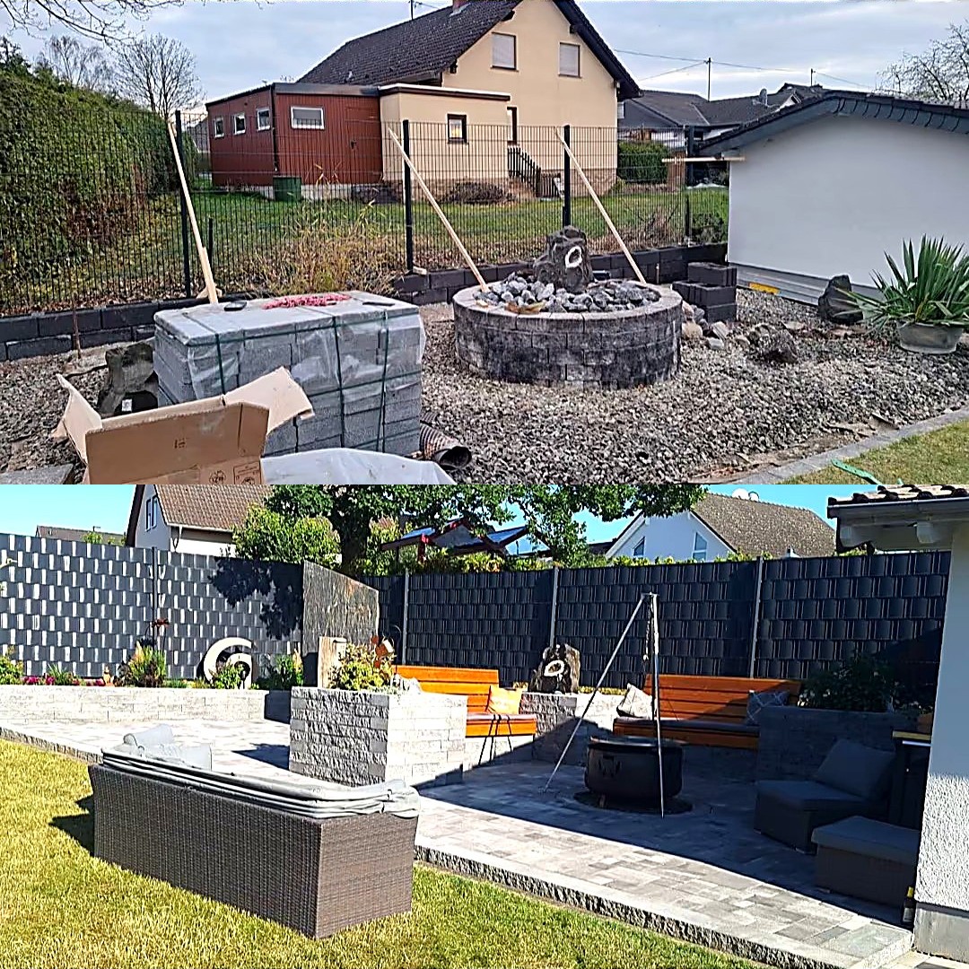 Vorher-Nachher: Kiesfläche mit Feuerstelle wird zur gepflasterten Gartenlounge mit Sitzecke und Sichtschutz