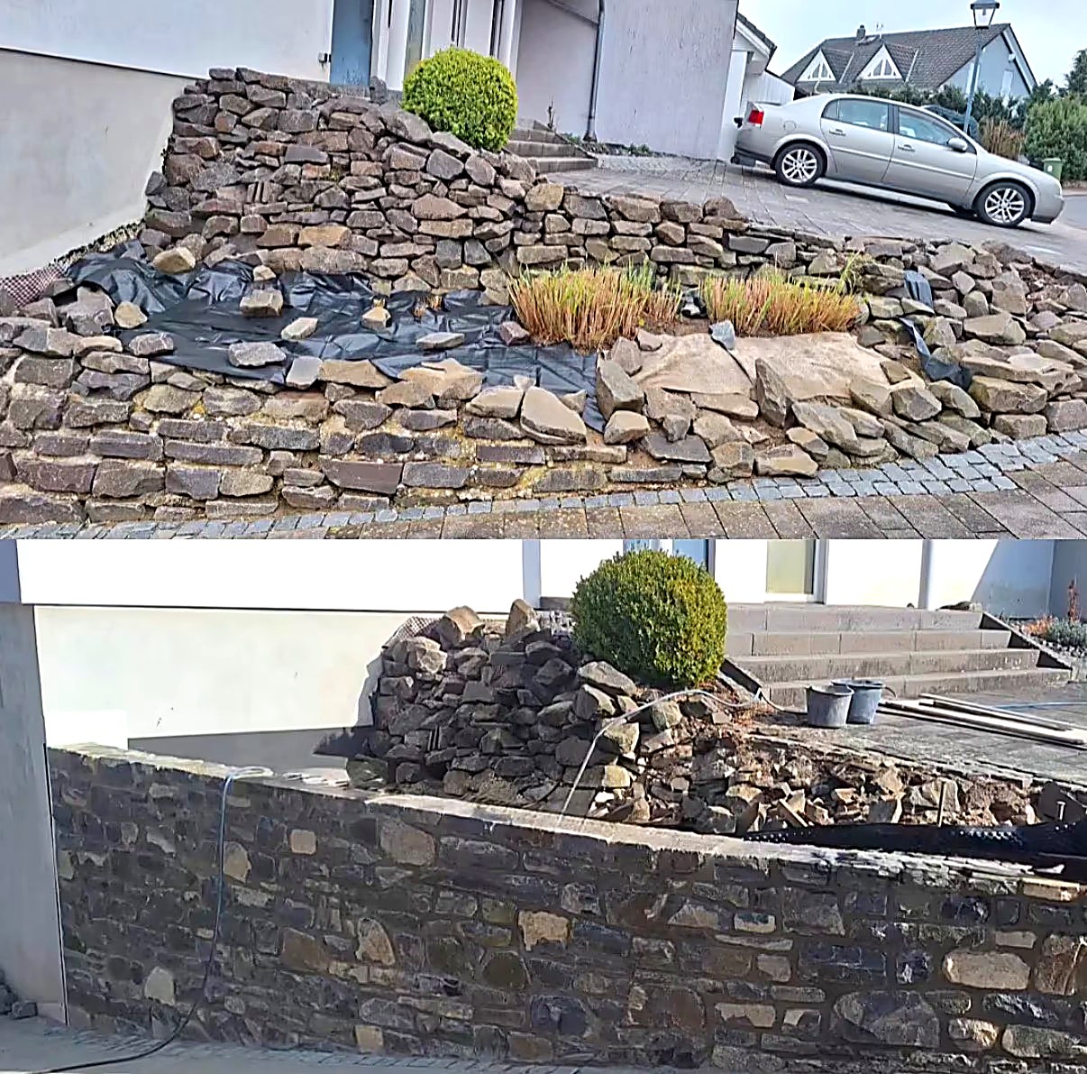 Vorher-Nachher: alte, ausgebrochene Natursteinmauer und die neu aufgesetzte Mauer